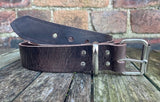 Dark Brown buffalo worn look leather belt & nickel plated steel roller buckle, Choice of Widths.