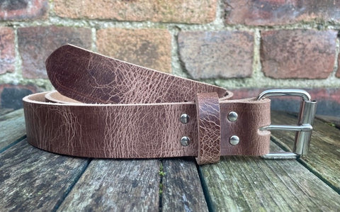 Light Brown buffalo worn look leather belt & nickel plated steel roller buckle, Choice of Widths.