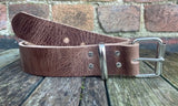 Light Brown buffalo worn look leather belt & nickel plated steel roller buckle, Choice of Widths.