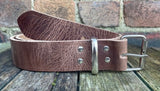 Light Brown buffalo worn look leather belt & nickel plated steel roller buckle, Choice of Widths.