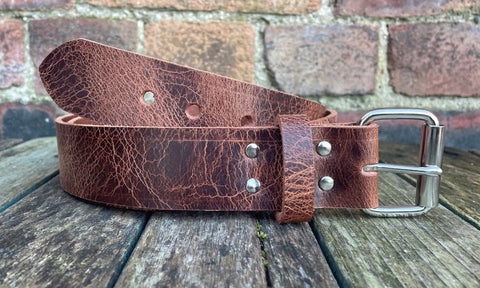 Tan buffalo worn look leather belt & nickel plated steel roller buckle, Choice of Widths.