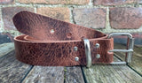Tan buffalo worn look leather belt & nickel plated steel roller buckle, Choice of Widths.