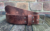 Tan buffalo worn look leather belt & nickel plated steel roller buckle, Choice of Widths.
