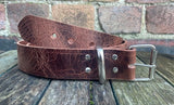 Tan buffalo worn look leather belt & nickel plated steel roller buckle, Choice of Widths.