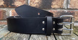 Buffalo leather 50mm wide belt with 2 prong nickel plated steel roller buckle. Choice of 9 colours