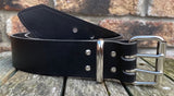 Buffalo leather 50mm wide belt with 2 prong nickel plated steel roller buckle. Choice of 9 colours