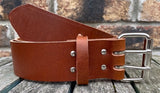 Buffalo leather 50mm wide belt with 2 prong nickel plated steel roller buckle. Choice of 9 colours