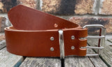 Buffalo leather 50mm wide belt with 2 prong nickel plated steel roller buckle. Choice of 9 colours