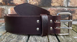 Buffalo leather 50mm wide belt with 2 prong nickel plated steel roller buckle. Choice of 9 colours