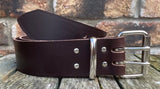 Buffalo leather 50mm wide belt with 2 prong nickel plated steel roller buckle. Choice of 9 colours