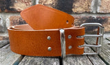 Buffalo leather 50mm wide belt with 2 prong nickel plated steel roller buckle. Choice of 9 colours
