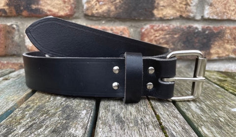 Black buffalo plain leather belt & nickel plated steel roller buckle, Choice of Widths.