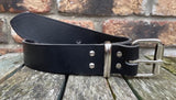 Black buffalo plain leather belt & nickel plated steel roller buckle, Choice of Widths.