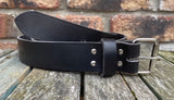 Black buffalo plain leather belt & nickel plated steel roller buckle, Choice of Widths.