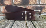 Brown buffalo plain leather belt & nickel plated steel roller buckle, Choice of Widths.
