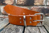 Tan buffalo plain leather belt & nickel plated steel roller buckle, Choice of Widths.