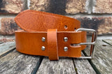 Tan buffalo plain leather belt & nickel plated steel roller buckle, Choice of Widths.