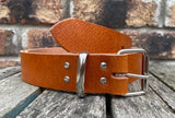 Tan buffalo plain leather belt & nickel plated steel roller buckle, Choice of Widths.