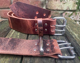 Buffalo leather 50mm wide belt with 2 prong nickel plated steel roller buckle. Choice of 9 colours