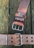 Buffalo leather 50mm wide belt with 2 prong nickel plated steel roller buckle. Choice of 9 colours