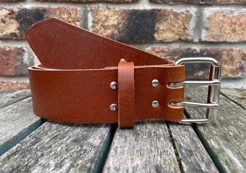 Brandy 2 Pronged Buffalo Plain Leather Belt. 1 1/2" or 2" wide.