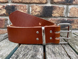 Brandy 2 Pronged Buffalo Plain Leather Belt. 1 1/2" or 2" wide.