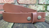 Plain leather 19mm-50mm wide press stud/snap belt with antique brass look steel studs. Choice of 13 colours.