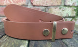 Plain leather 19mm-50mm wide press stud/snap belt with brass plated steel studs. Choice of 13 colours.