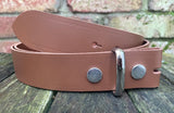 Plain leather 19mm-50mm wide press stud/snap belt with nickle plated steel studs. Choice of 13 colours.