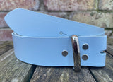 Plain leather 19mm-50mm wide Chicago screw belt with nickle plated steel screws. Choice of 13 colours.