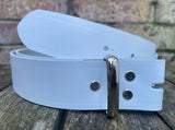Plain leather 19mm-50mm wide Chicago screw belt with nickle plated steel screws. Choice of 13 colours.