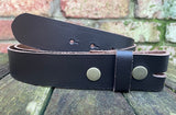 Plain leather 19mm-50mm wide press stud/snap belt with antique brass look steel studs. Choice of 13 colours.