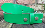 Plain leather 19mm-50mm wide press stud/snap belt with antique brass look steel studs. Choice of 13 colours.