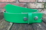 Plain leather 19mm-50mm wide press stud/snap belt with nickle plated steel studs. Choice of 13 colours.