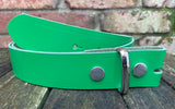 Plain leather 19mm-50mm wide press stud/snap belt with nickle plated steel studs. Choice of 13 colours.