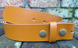 Plain leather 19mm-50mm wide press stud/snap belt with antique brass look steel studs. Choice of 13 colours.