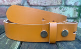 Plain leather 19mm-50mm wide press stud/snap belt with brass plated steel studs. Choice of 13 colours.