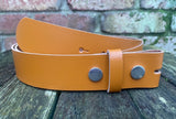 Plain leather 19mm-50mm wide press stud/snap belt with nickle plated steel studs. Choice of 13 colours.