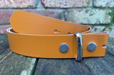 Plain leather 19mm-50mm wide press stud/snap belt with nickle plated steel studs. Choice of 13 colours.