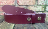Plain leather 19mm-50mm wide press stud/snap belt with brass plated steel studs. Choice of 13 colours.