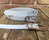 Plain leather 19mm wide belt with nickel plated or gold plated buckle. Choice of 13 colours.