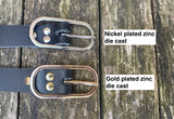 Plain leather 19mm wide belt with nickel plated or gold plated buckle. Choice of 13 colours.