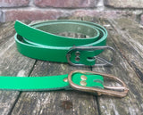 Plain leather 19mm wide belt with nickel plated or gold plated buckle. Choice of 13 colours.