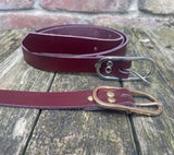 Plain leather 19mm wide belt with nickel plated or gold plated buckle. Choice of 13 colours.