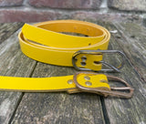 Plain leather 19mm wide belt with nickel plated or gold plated buckle. Choice of 13 colours.