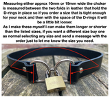 Front locking leather choker 10mm or 19mm wide. Choice of 13 colours.