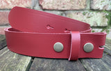 Plain leather 19mm-50mm wide press stud/snap belt with antique brass look steel studs. Choice of 13 colours.