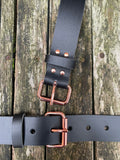 Plain leather 19mm-38mm wide belt with rose gold look steel single roller buckle. Choice of 12 colours