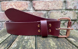 Plain leather 19mm-38mm wide belt with rose gold look steel single roller buckle. Choice of 12 colours