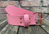 Plain leather 19mm-38mm wide belt with rose gold look steel single roller buckle. Choice of 12 colours